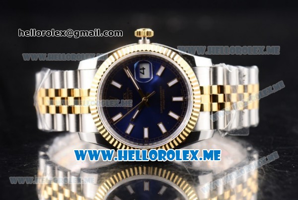 Rolex Datejust Clone Rolex 3135 Automatic Two Tone Case/Bracelet with Blue Dial and Stick Markers (BP) - Click Image to Close